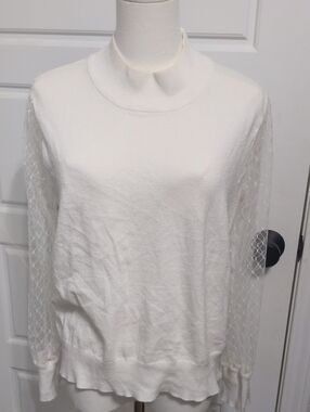 Madison + Hudson Cream Mock Neck Top with Sheer Lace Sleeves